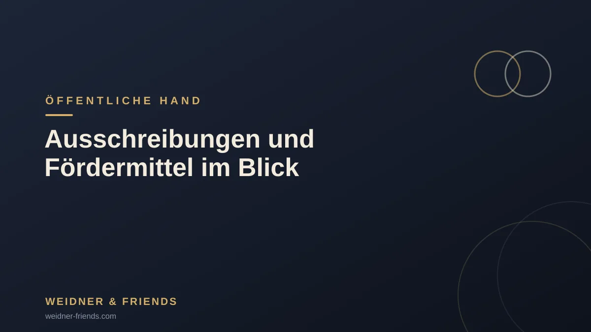 Bildschirm mit Dashboard, das Ausschreibungen und Förderprogramme mit Fristen und Bewertungen anzeigt